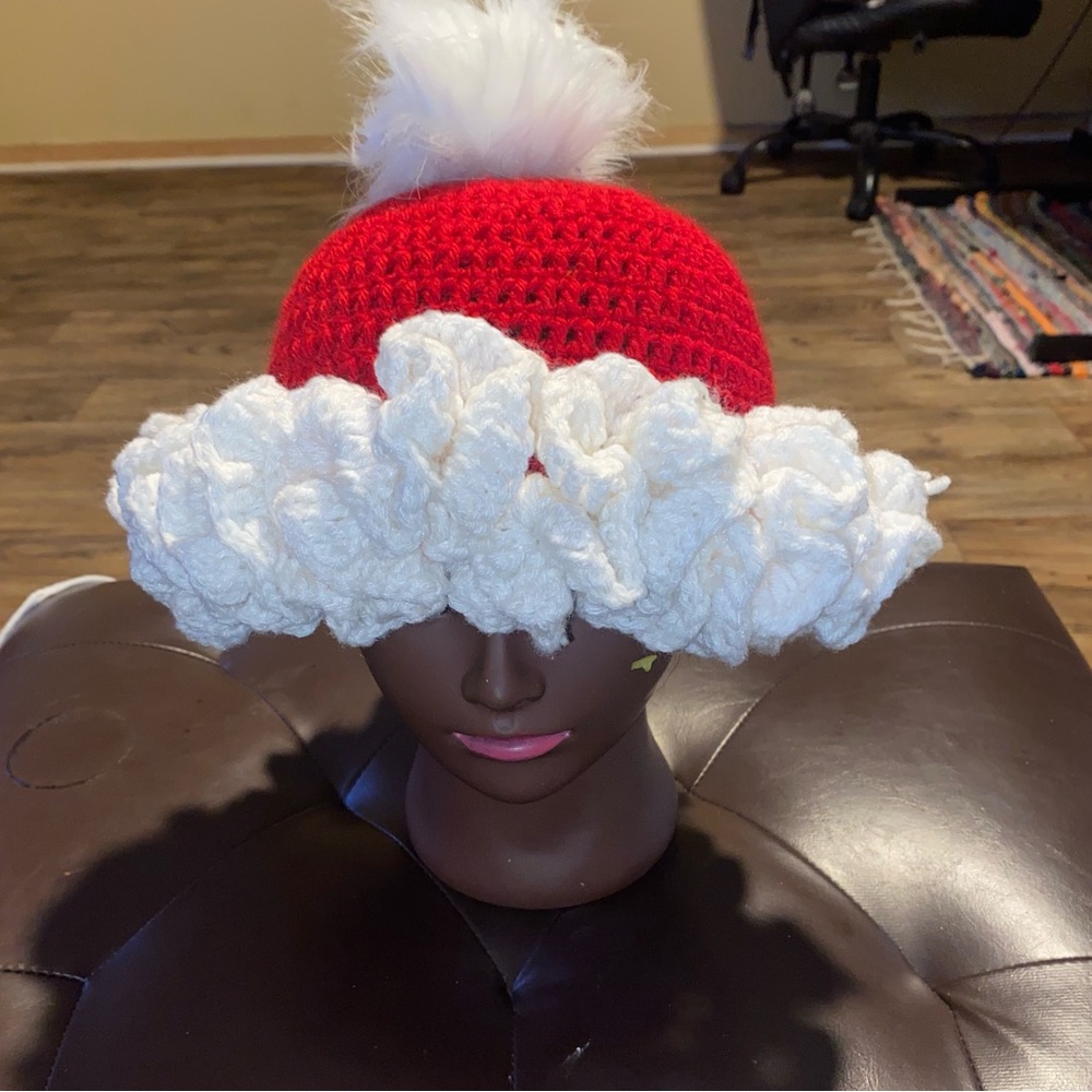 Red and White Crochet Pom-Pom Hat